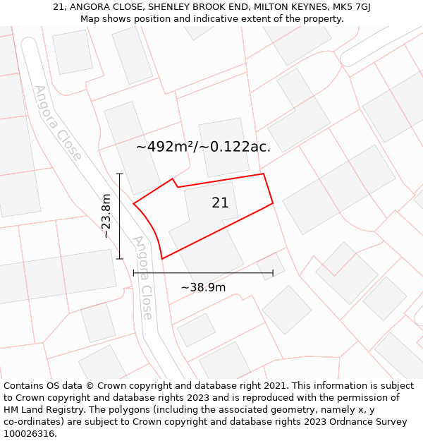 21, ANGORA CLOSE, SHENLEY BROOK END, MILTON KEYNES, MK5 7GJ: Plot and title map