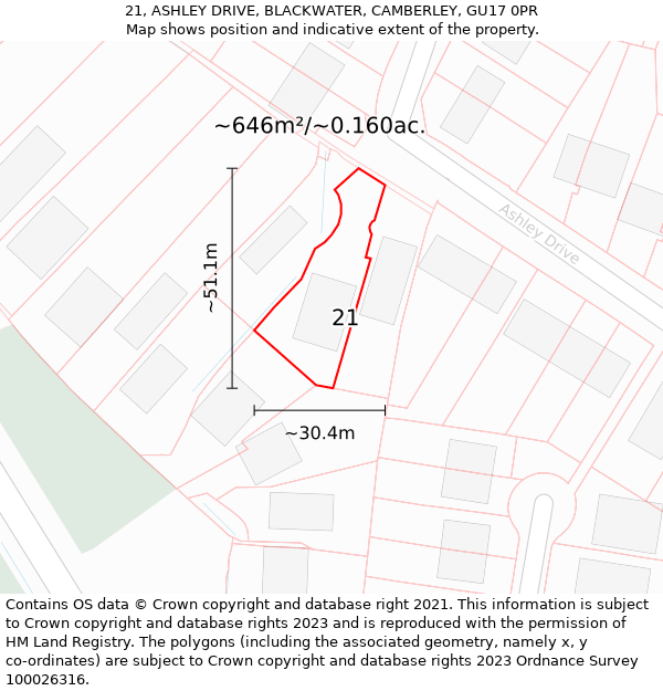 21, ASHLEY DRIVE, BLACKWATER, CAMBERLEY, GU17 0PR: Plot and title map