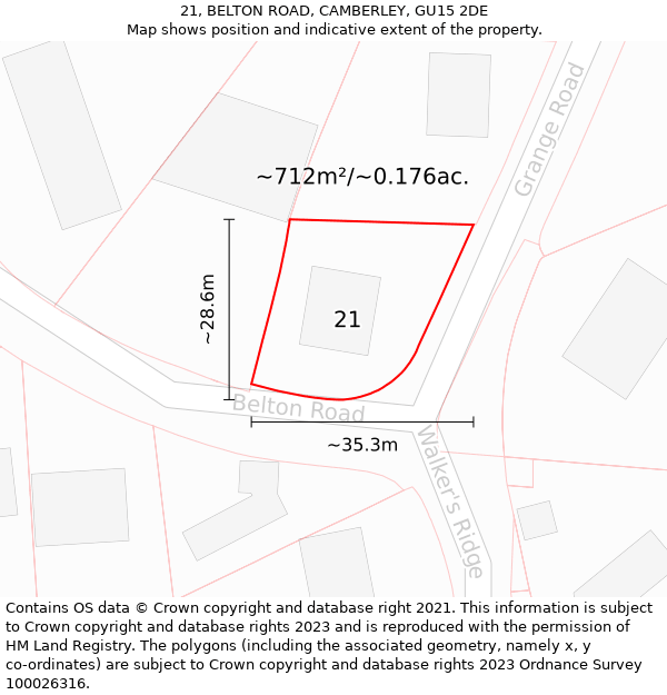 21, BELTON ROAD, CAMBERLEY, GU15 2DE: Plot and title map