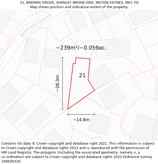 21, BREMEN GROVE, SHENLEY BROOK END, MILTON KEYNES, MK5 7FJ: Plot and title map