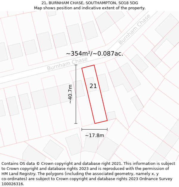 21, BURNHAM CHASE, SOUTHAMPTON, SO18 5DG: Plot and title map