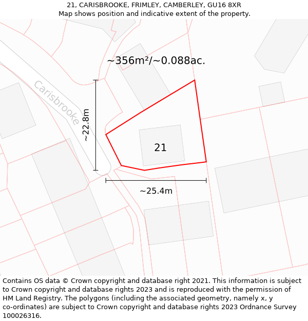 21, CARISBROOKE, FRIMLEY, CAMBERLEY, GU16 8XR: Plot and title map