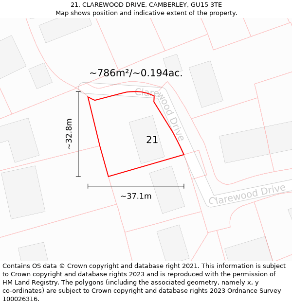 21, CLAREWOOD DRIVE, CAMBERLEY, GU15 3TE: Plot and title map