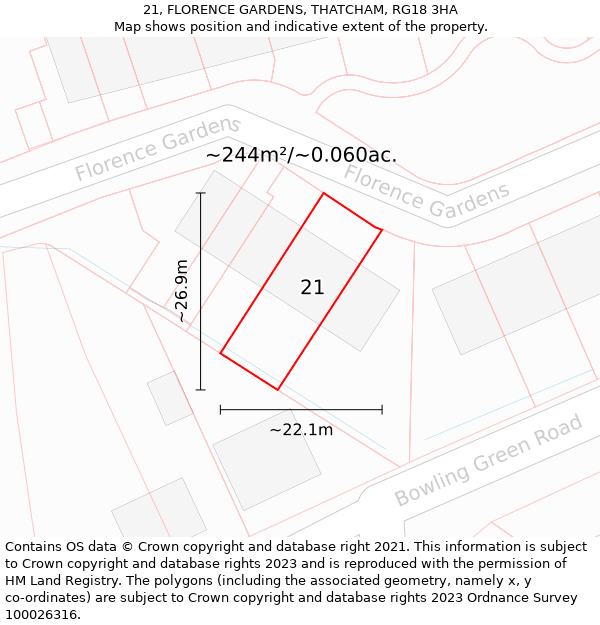 21, FLORENCE GARDENS, THATCHAM, RG18 3HA: Plot and title map