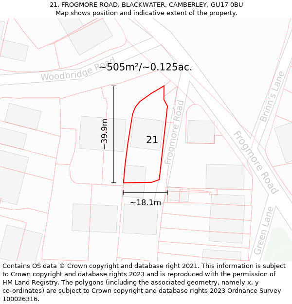 21, FROGMORE ROAD, BLACKWATER, CAMBERLEY, GU17 0BU: Plot and title map