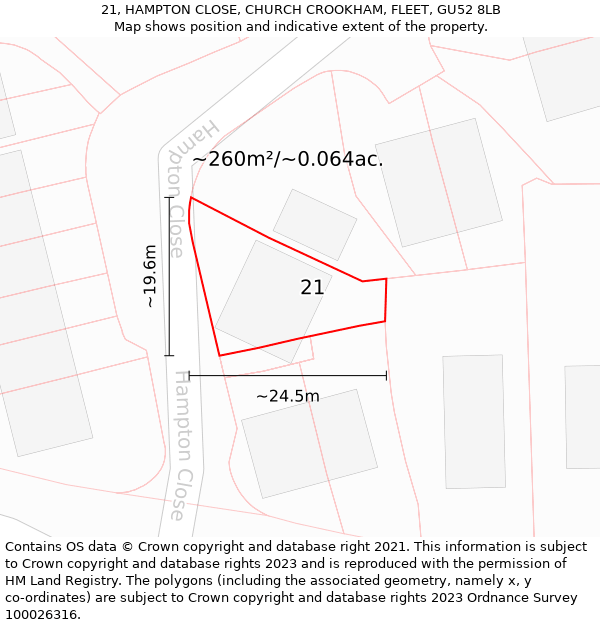 21, HAMPTON CLOSE, CHURCH CROOKHAM, FLEET, GU52 8LB: Plot and title map