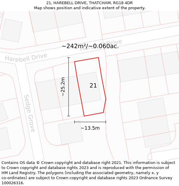 21, HAREBELL DRIVE, THATCHAM, RG18 4DR: Plot and title map