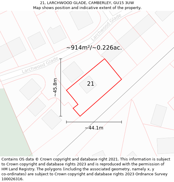 21, LARCHWOOD GLADE, CAMBERLEY, GU15 3UW: Plot and title map