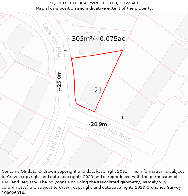 21, LARK HILL RISE, WINCHESTER, SO22 4LX: Plot and title map