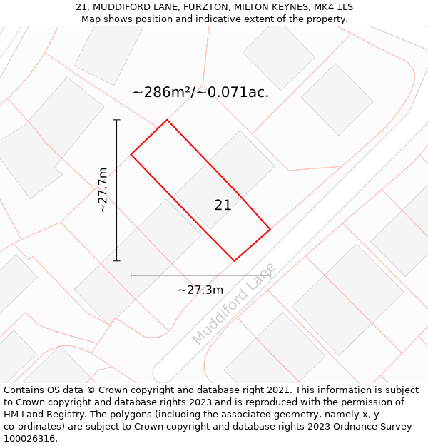 21, MUDDIFORD LANE, FURZTON, MILTON KEYNES, MK4 1LS: Plot and title map