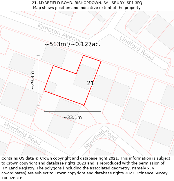 21, MYRRFIELD ROAD, BISHOPDOWN, SALISBURY, SP1 3FQ: Plot and title map