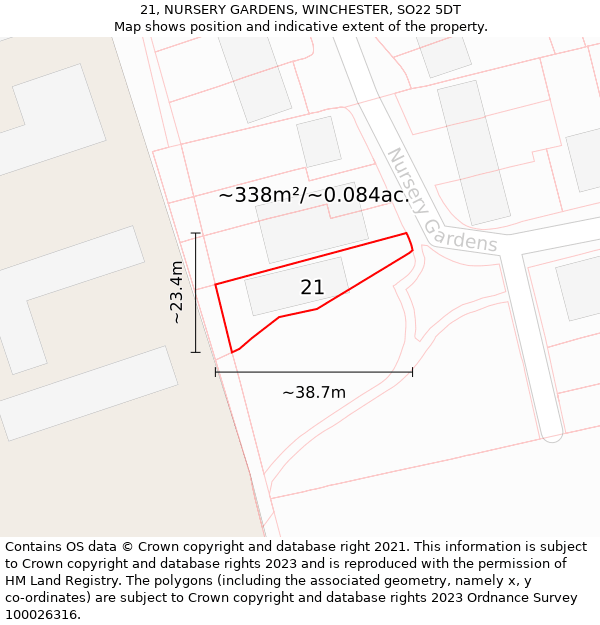 21, NURSERY GARDENS, WINCHESTER, SO22 5DT: Plot and title map