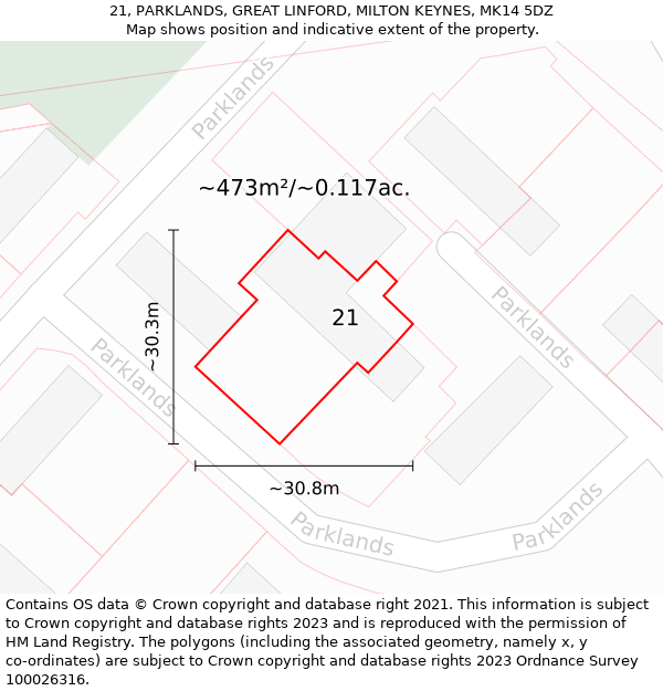 21, PARKLANDS, GREAT LINFORD, MILTON KEYNES, MK14 5DZ: Plot and title map