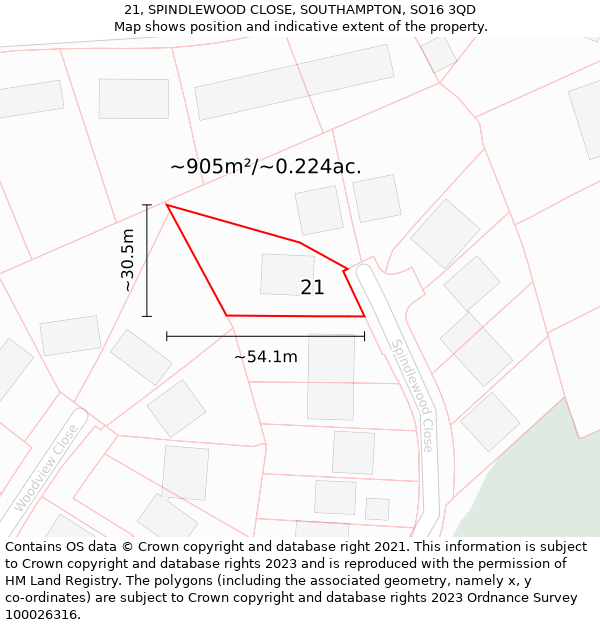 21, SPINDLEWOOD CLOSE, SOUTHAMPTON, SO16 3QD: Plot and title map