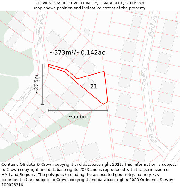 21, WENDOVER DRIVE, FRIMLEY, CAMBERLEY, GU16 9QP: Plot and title map