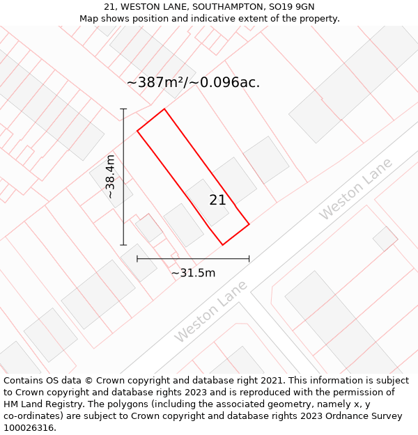 21, WESTON LANE, SOUTHAMPTON, SO19 9GN: Plot and title map