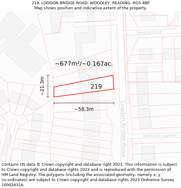 219, LODDON BRIDGE ROAD, WOODLEY, READING, RG5 4BP: Plot and title map