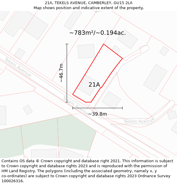 21A, TEKELS AVENUE, CAMBERLEY, GU15 2LA: Plot and title map