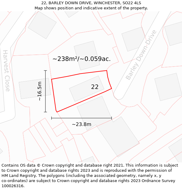 22, BARLEY DOWN DRIVE, WINCHESTER, SO22 4LS: Plot and title map