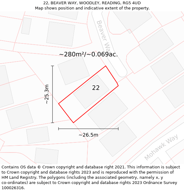 22, BEAVER WAY, WOODLEY, READING, RG5 4UD: Plot and title map