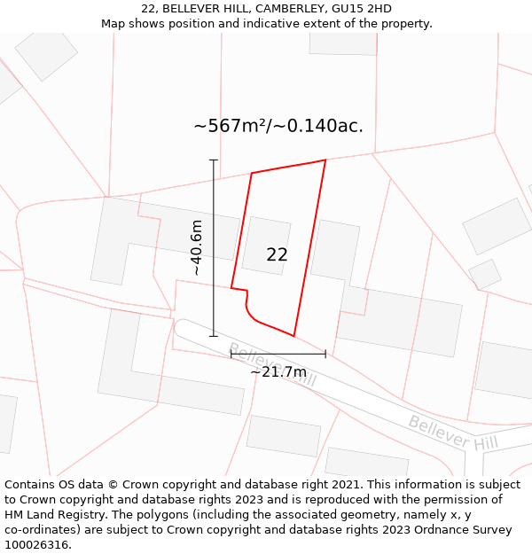 22, BELLEVER HILL, CAMBERLEY, GU15 2HD: Plot and title map