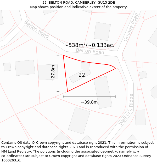 22, BELTON ROAD, CAMBERLEY, GU15 2DE: Plot and title map