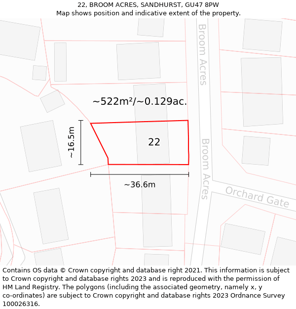 22, BROOM ACRES, SANDHURST, GU47 8PW: Plot and title map