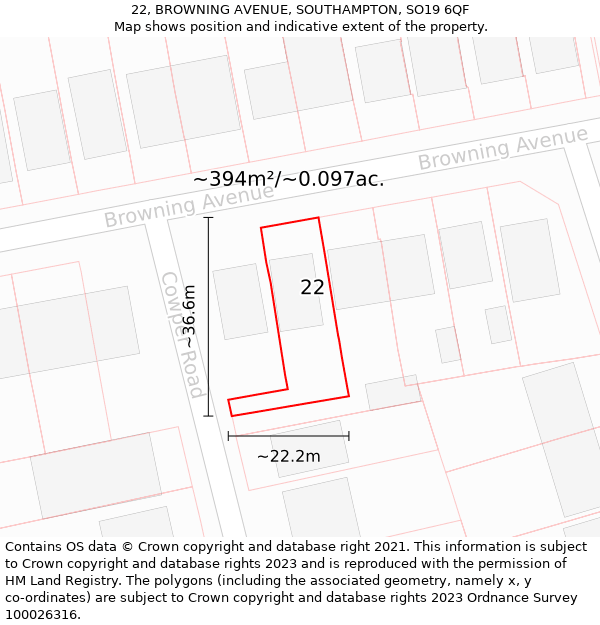 22, BROWNING AVENUE, SOUTHAMPTON, SO19 6QF: Plot and title map