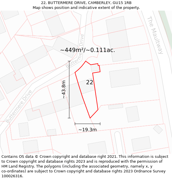 22, BUTTERMERE DRIVE, CAMBERLEY, GU15 1RB: Plot and title map