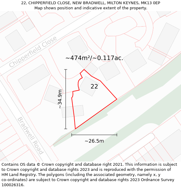 22, CHIPPERFIELD CLOSE, NEW BRADWELL, MILTON KEYNES, MK13 0EP: Plot and title map