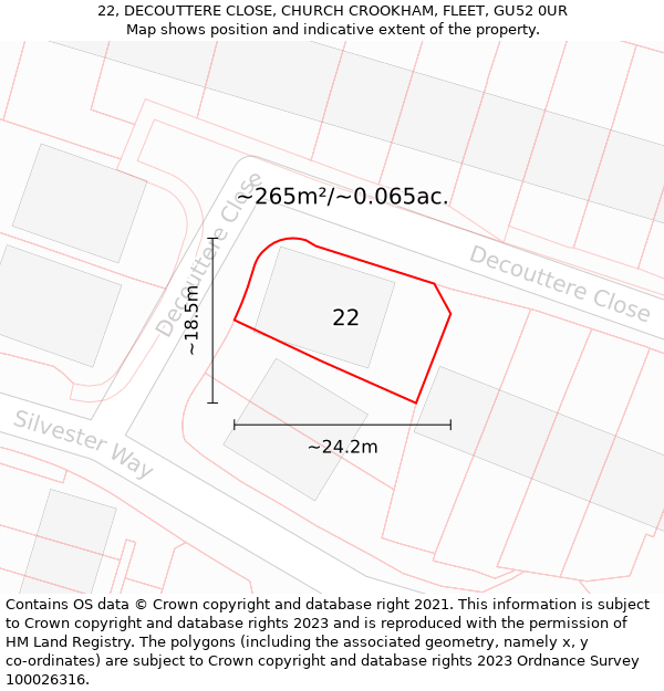 22, DECOUTTERE CLOSE, CHURCH CROOKHAM, FLEET, GU52 0UR: Plot and title map