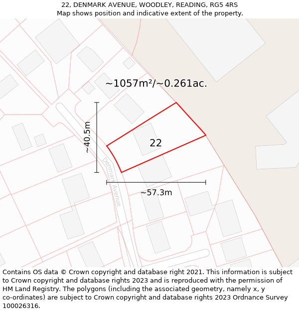 22, DENMARK AVENUE, WOODLEY, READING, RG5 4RS: Plot and title map