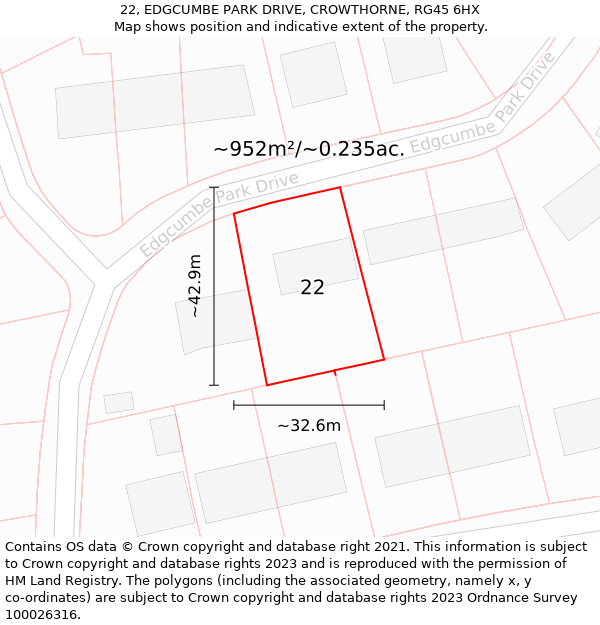 22, EDGCUMBE PARK DRIVE, CROWTHORNE, RG45 6HX: Plot and title map