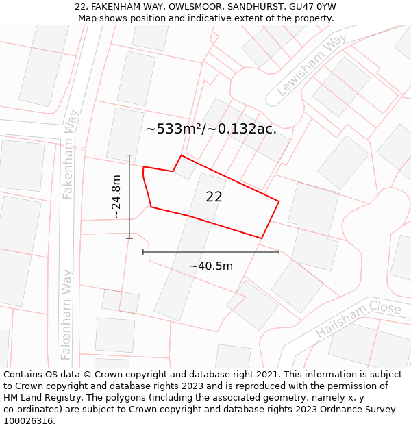 22, FAKENHAM WAY, OWLSMOOR, SANDHURST, GU47 0YW: Plot and title map