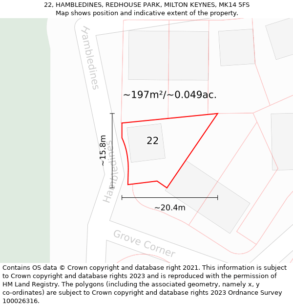 22, HAMBLEDINES, REDHOUSE PARK, MILTON KEYNES, MK14 5FS: Plot and title map