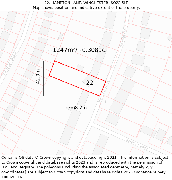 22, HAMPTON LANE, WINCHESTER, SO22 5LF: Plot and title map