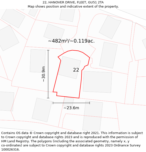 22, HANOVER DRIVE, FLEET, GU51 2TA: Plot and title map