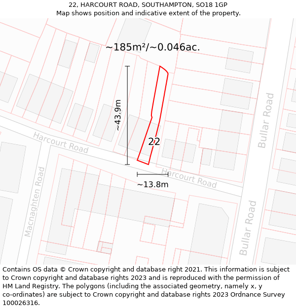 22, HARCOURT ROAD, SOUTHAMPTON, SO18 1GP: Plot and title map