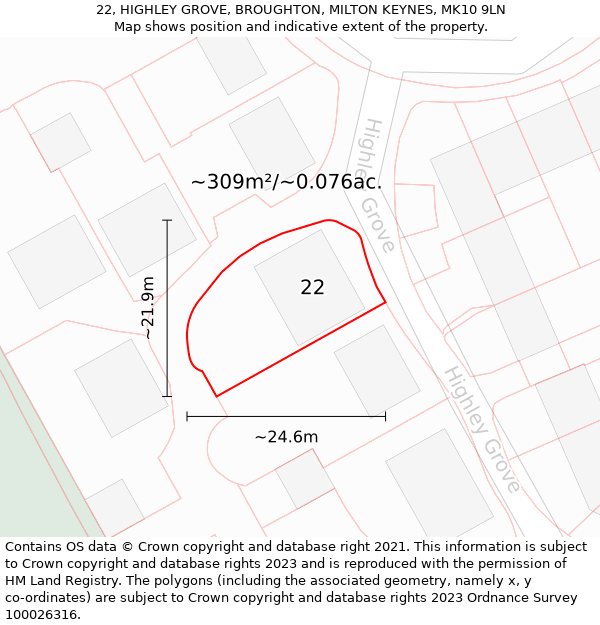 22, HIGHLEY GROVE, BROUGHTON, MILTON KEYNES, MK10 9LN: Plot and title map