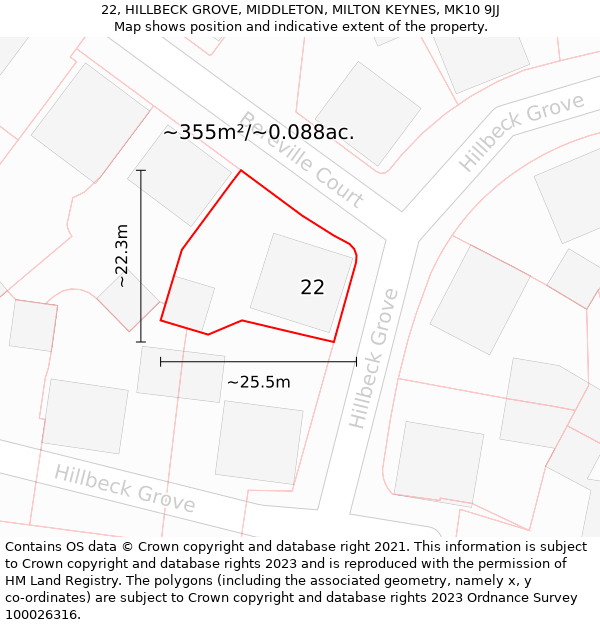 22, HILLBECK GROVE, MIDDLETON, MILTON KEYNES, MK10 9JJ: Plot and title map