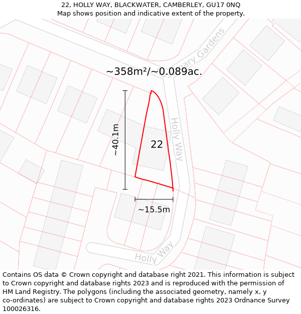 22, HOLLY WAY, BLACKWATER, CAMBERLEY, GU17 0NQ: Plot and title map