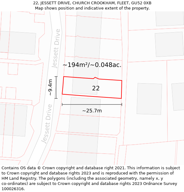 22, JESSETT DRIVE, CHURCH CROOKHAM, FLEET, GU52 0XB: Plot and title map