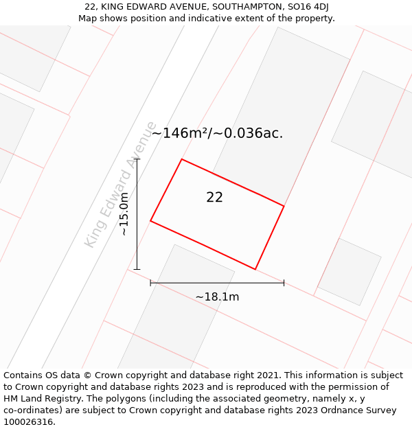 22, KING EDWARD AVENUE, SOUTHAMPTON, SO16 4DJ: Plot and title map