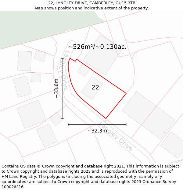 22, LANGLEY DRIVE, CAMBERLEY, GU15 3TB: Plot and title map