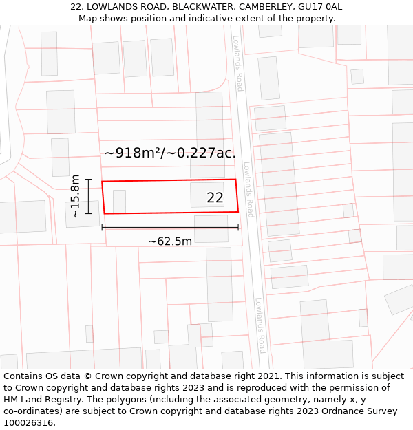 22, LOWLANDS ROAD, BLACKWATER, CAMBERLEY, GU17 0AL: Plot and title map