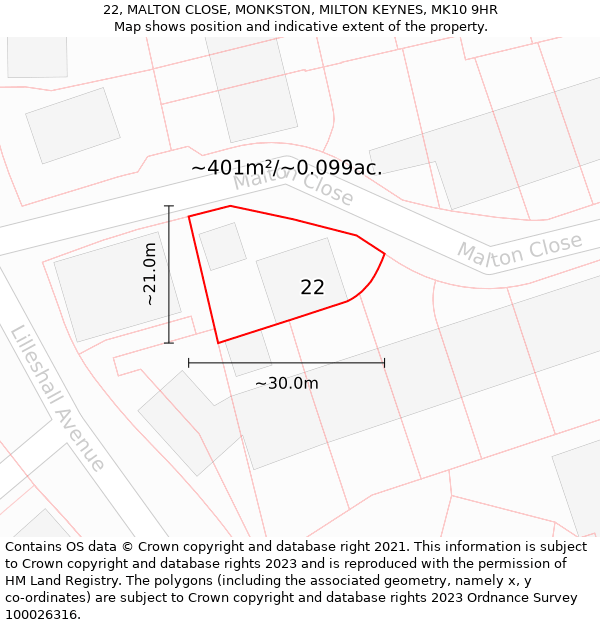 22, MALTON CLOSE, MONKSTON, MILTON KEYNES, MK10 9HR: Plot and title map