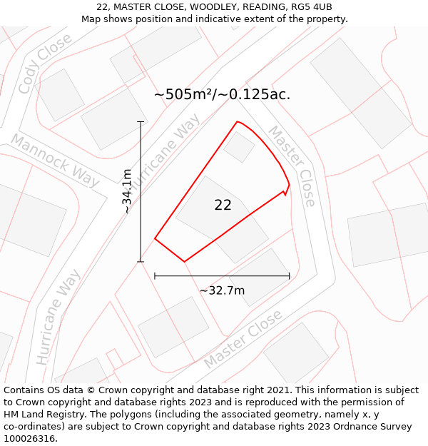 22, MASTER CLOSE, WOODLEY, READING, RG5 4UB: Plot and title map