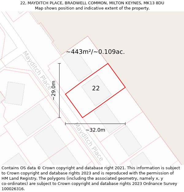 22, MAYDITCH PLACE, BRADWELL COMMON, MILTON KEYNES, MK13 8DU: Plot and title map