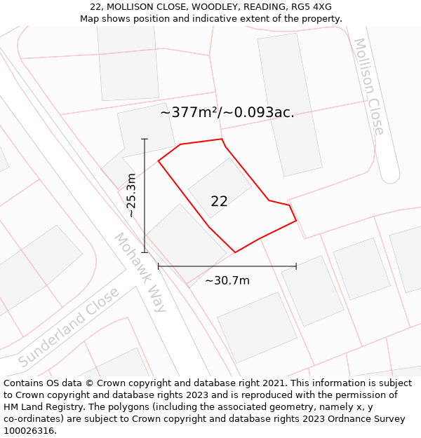 22, MOLLISON CLOSE, WOODLEY, READING, RG5 4XG: Plot and title map