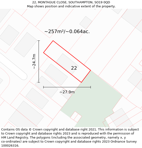 22, MONTAGUE CLOSE, SOUTHAMPTON, SO19 0QD: Plot and title map